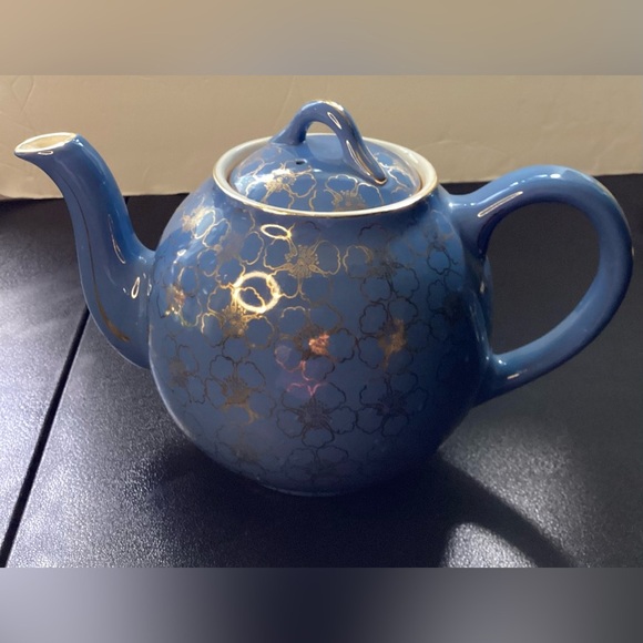 Hall Teapot French Flower Cadet Blue Periwinkle Gold Trim Vintage 1950s - Picture 5 of 14